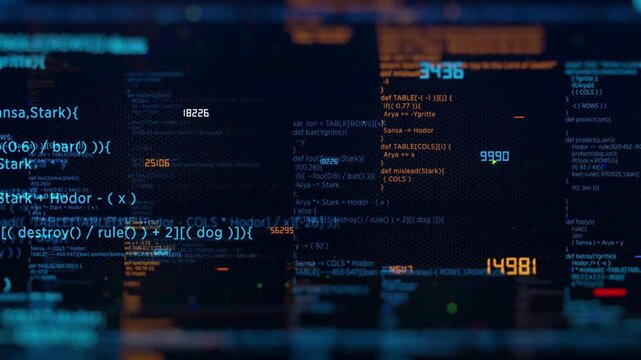 Abstract computer code running in a virtual space. Programming code with dark background, Digital security & cyber technology loop.