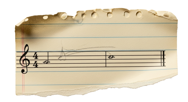 Torn Music Sheet Fragment on Lined Paper with Treble Clef and Musical Notes