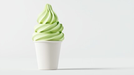 soft-serve ice cream cone in pastel green, elegantly swirled, served in a simple white cup against a clean, minimalistic background.