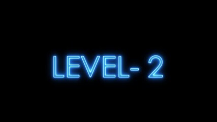 Glowing level-2 text with glitch effects animation. game concept next level icon isolated . Black background.4k video...