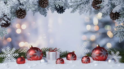 Celebrate the magic of the season with this festive display featuring glistening ornaments, snowy pines, and a charming gift box, perfect for holiday cheer