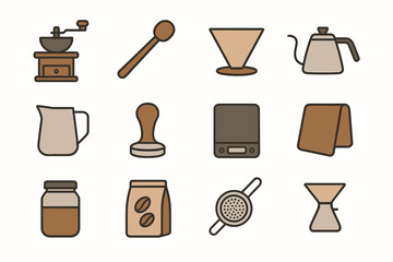 Kettle jug tamper coffee vector accessory spoon funnel grinder jar icon towel