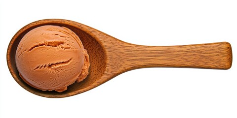 wooden spoon holding a round scoop of orange ice cream, presenting a simple yet appetizing dessert ready to be enjoyed.