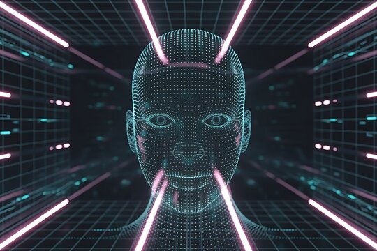 Futuristic AI face with glowing neon lights, explore the potential of artificial intelligence and machine learning in this captivating modern design for tech innovations and cutting-edge concepts
