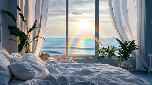Stylish bedroom with a large bed. Selective focus. dizain.