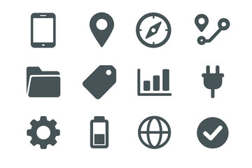 Compass smartphone navigation route plug vector icons chart folder phone battery pin