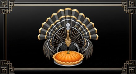 Elegant Thanksgiving turkey and pumpkin pie illustration with ornate art deco frame on black