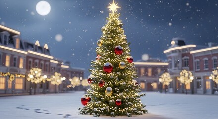 Obraz premium Majestic Christmas tree glowing in the center of a snowy town square under a full moon, its golden lights and colorful baubles reflecting on untouched snow as cozy houses and twinkling trees frame the