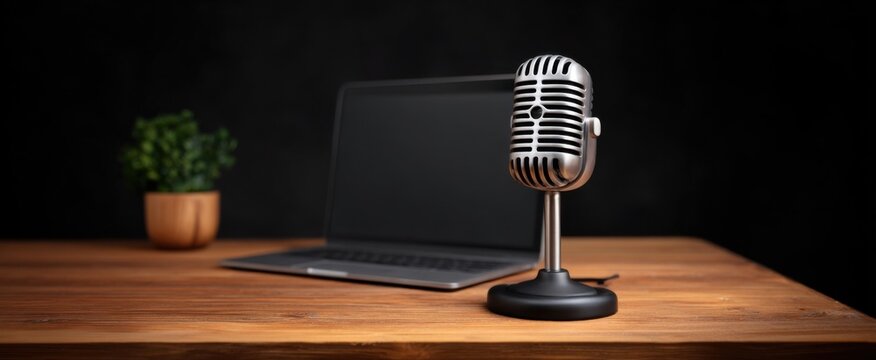 live video streaming setup with microphone and laptop evokes focused excitement and creative energy