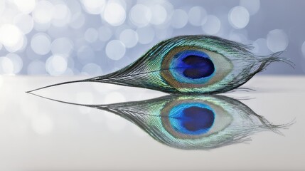 peacock. A close-up of a peacock feather against a mirrored surface with iridescent blue-green tones. wildlife magazines, conservation campaigns, designed for wildlife conservation campaigns.