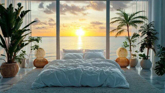 Stylish bedroom with a large bed. Selective focus. dizain.