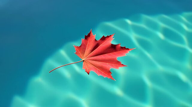 A lone red maple leaf floats on rippling pool water