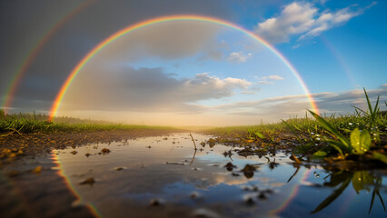 Obraz premium Atmospheric landscape with rainbow and reflections on wet ground 