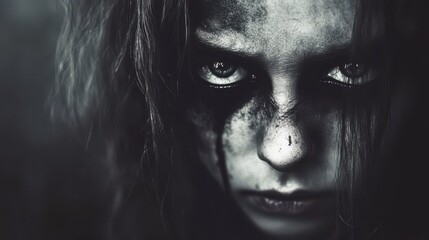 Intense monochrome portrait reveals a young face smudged with grime, eyes conveying deep emotion, set against a dark, textured background.