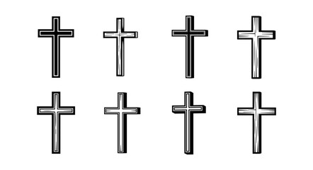 Collection of eight hand-drawn Christian crosses in a grid forma