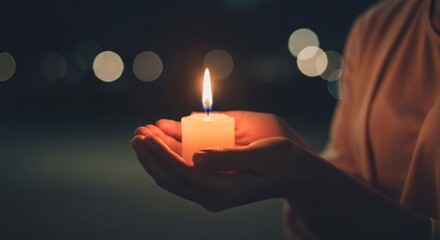 A single candle held gently in cupped hands at night. Warm light from the flame illuminates the hands and a blurred background of soft, out-of-focus lights
