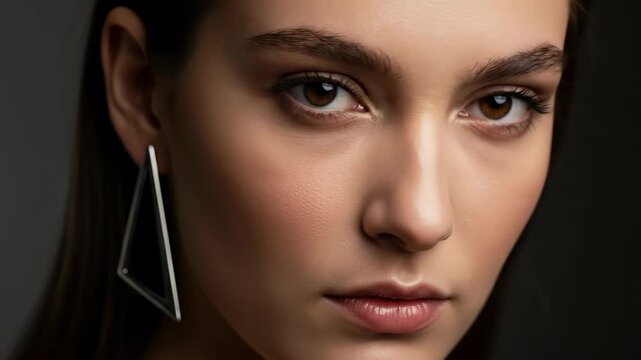 Subtle light shifts across a reflective face wearing geometric earrings