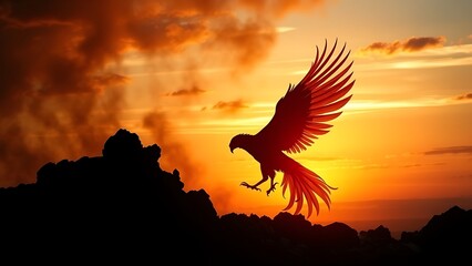 Obraz premium phoenix. Phoenix silhouette rising from ashes against a dawn sky, symbolic rebirth. wellbeing guides, coaching materials, designed for coaching and self-improvement content.