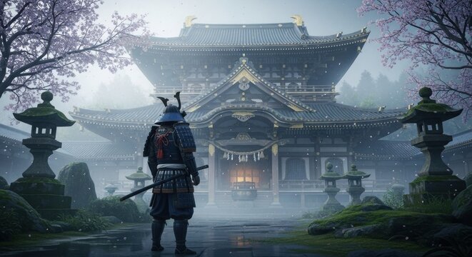 Samurai Warrior at Ancient Japanese Temple in Misty Cherry Blossom Garden