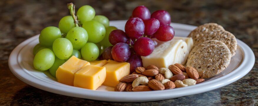 Balanced snack plate combining fruit nuts cheese and whole grain crackers for nutrition.
