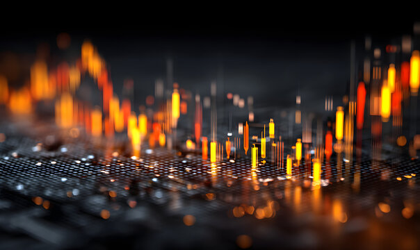 Abstract financial chart with glowing data lines and symbols, futuristic digital style, on a blurred grid background, concept of market analysis and trading, 3D Rendering