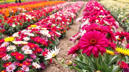 orderly. Garden with flowers arranged by color in neat rows under daylight. gardening catalogs, home-decor guides, designed for home decor and floral branding and gardening and botanical catalogs.