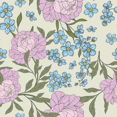 Botanical Background with peony flowers and leaves soft pastel tones. Floral Seamless background Illustration. Floral Seamless Pattern. Botanical pattern for wrapping paper, textile, fabric prints