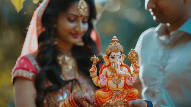 Video A couple holding a statue of an elephant, possibly for display or as a symbol of something