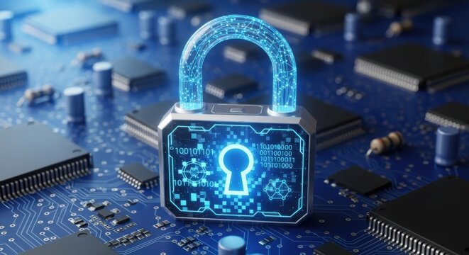 Digital Padlock on Circuit Board Cybersecurity Concept