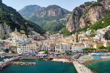 AMALFI, ITALY - JUN 28, 2021: Panoramic aerial view of Amalfi coastline from a moving drone.