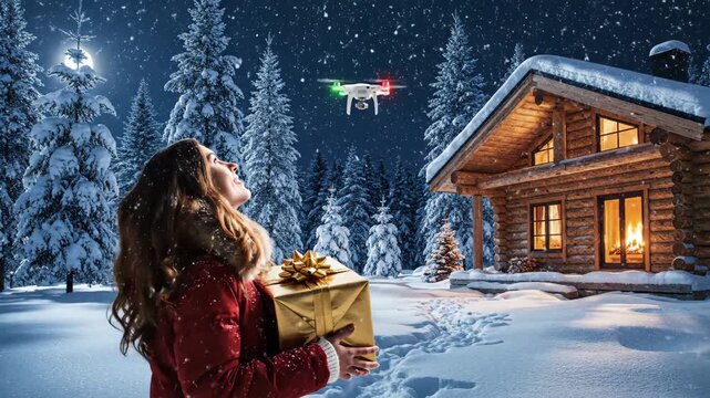 nighttime winter enchantment, moonlit snow scene with woman holding gift and approaching drone, magical winter night with woman presenting present outside rustic log cabin illuminated by moon.