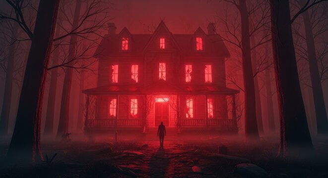 Haunted House in Eerie Red Forest at Night