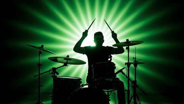 Silhouette of a drummer playing a drum kit with green spotlight image