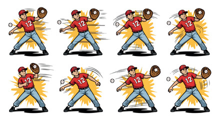 Baseball player throwing sequence action poses