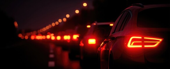 a long line of tail lights shining during night traffic jam