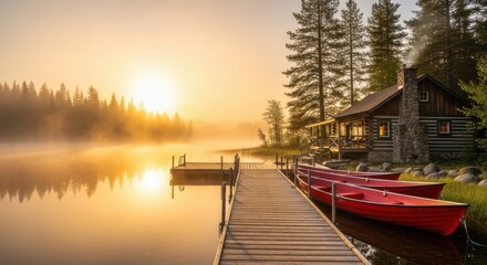 Tranquil Lake Cabin Dock Red Boats Golden Mist