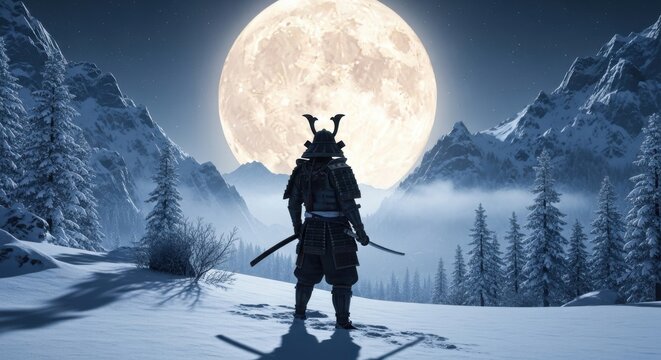 Samurai warrior in snowy mountains beneath a majestic full moon - Powered by Adobe
