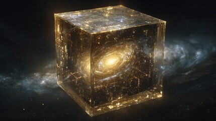 Cosmic Galaxy Inside a Transparent Crystal Cube in Space with Starfield Background