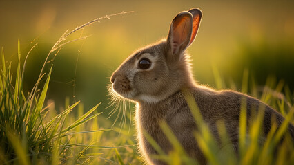 Brown rabbit sitting in green grass during golden hour lighting  