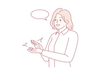 Happy businesswoman clap hands show appreciation and gratitude. Smiling woman applaud demonstrate acknowledgement. Vector illustration.