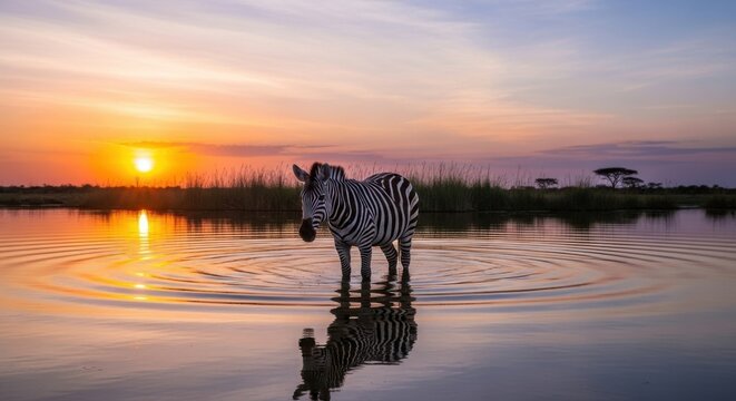 Zebra in tranquil water with golden sunset reflection African wildlife