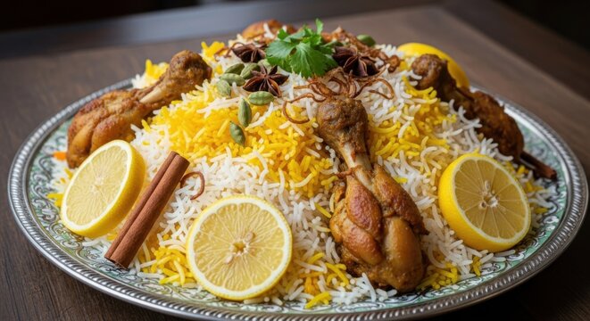 Delicious Chicken Biryani Platter with Spices and Lemon