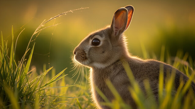 Brown rabbit sitting in green grass during golden hour lighting