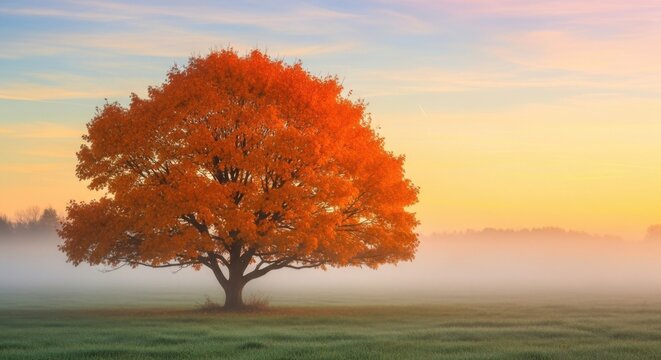 Vibrant Autumn Tree in Misty Field at Sunrise with Colorful Sky