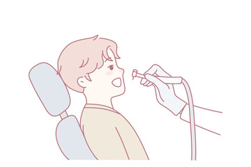 Dentist cure small kid teeth in clinic. Little boy child at dentistry appointment in hospital. Children healthcare. Vector illustration.