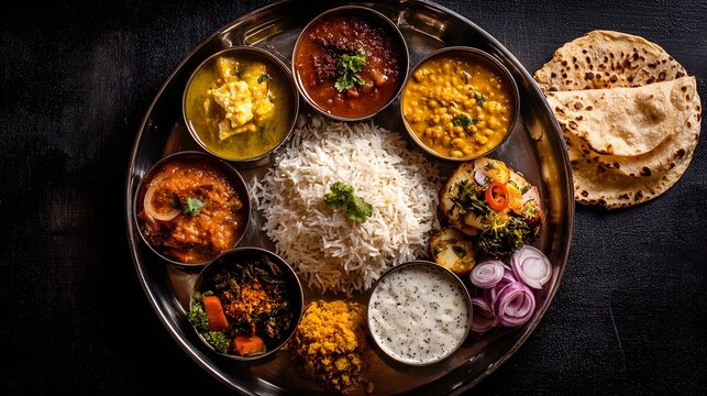 Indian Cuisine Platter: A culinary journey showcasing a traditional Indian thali, a vibrant spread of curries, rice, naan and condiments, offering a sensory delight for food enthusiasts.