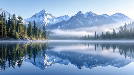 Serene mountain lake reflecting snow-capped peaks and misty evergreen forests, capturing the breathtaking tranquility and pristine beauty of an untouched wilderness at dawn