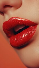 Obraz premium Close-up of luscious, shiny red lips. The vibrant color and smooth texture create a captivating and glamorous aesthetic. Perfect for a beauty statement.