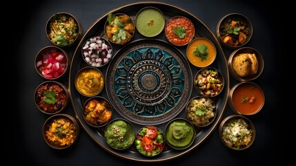 Exquisite Culinary Platter: An overhead shot showcases an assortment of culinary delights artfully arranged on an ornate platter, an invitation to a flavorful journey. 