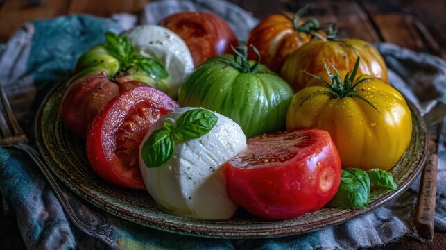 Assortment of heirloom tomatoes and fresh mozzarella balls arranged artfully on a rustic plate